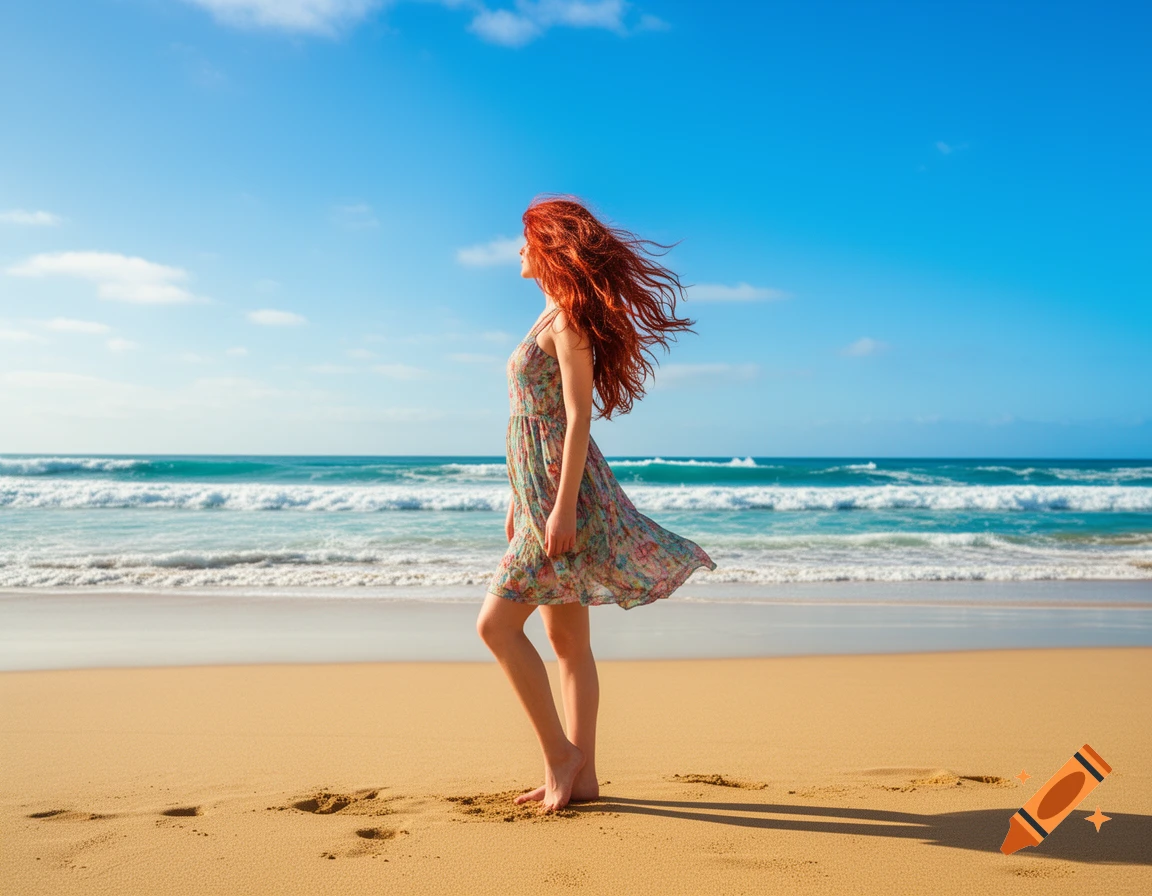 A woman with long red hair walks barefoot on a sandy beach, looking out at the ocean under a clear blue sky.