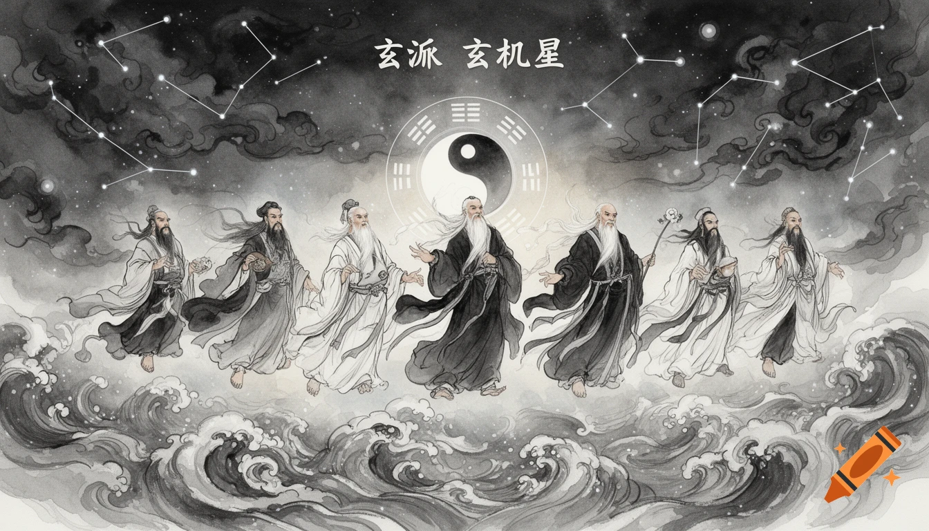 Eight bearded figures in traditional robes float above stormy waves under a starry sky with a Yin-Yang symbol, in a black and white ink wash style.