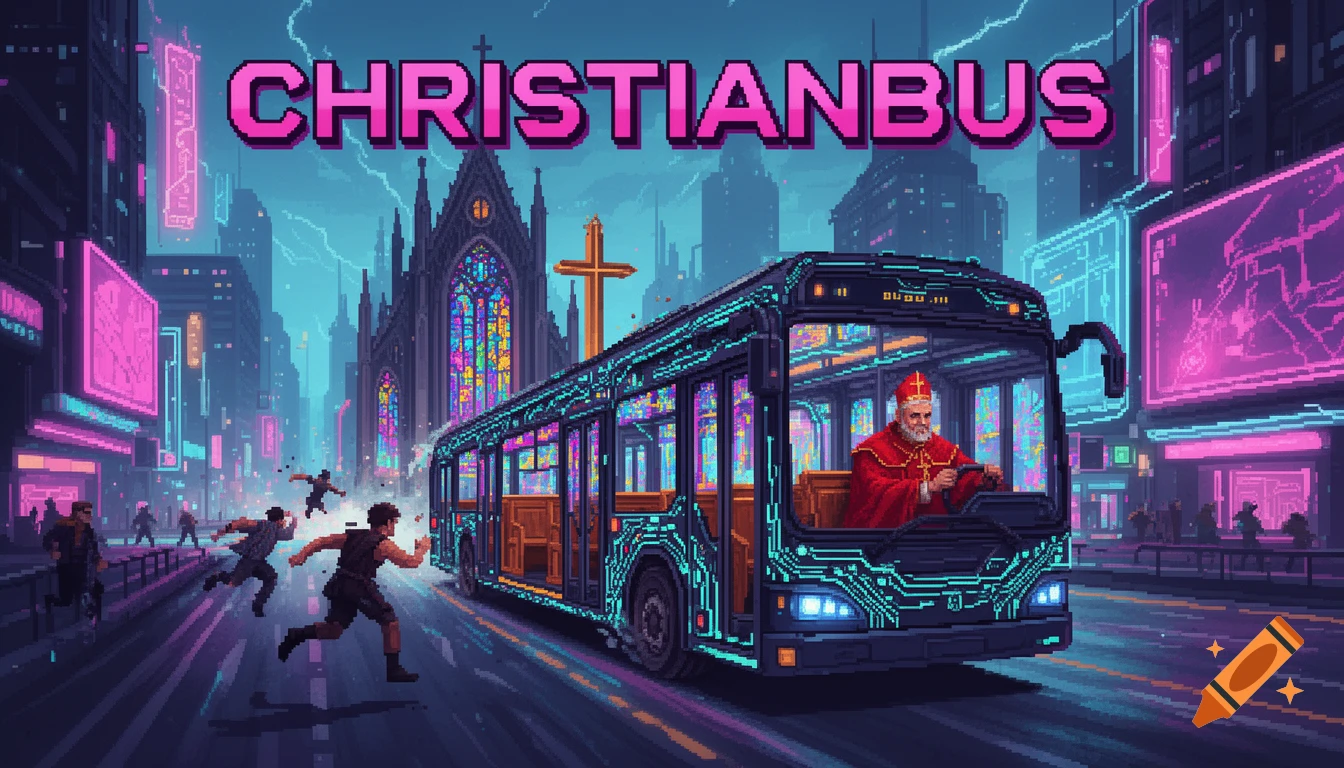 Pixel art of a cardinal driving a cyberpunk bus past a gothic church in a neon city, with 'CHRISTIANBUS' above.