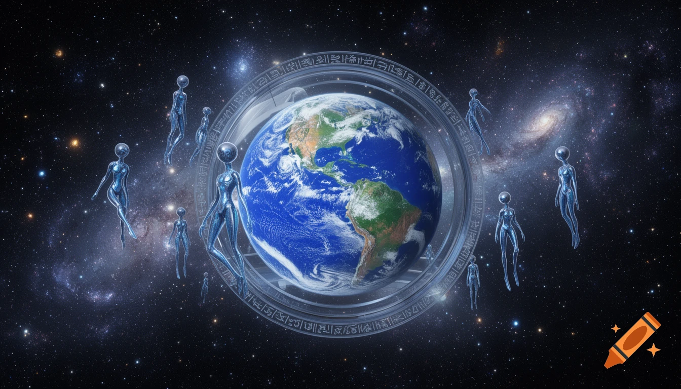 Stylized alien figures made of blue light float around Earth, which is encased in a ring with ancient glyphs, set against a backdrop of stars and nebulae.