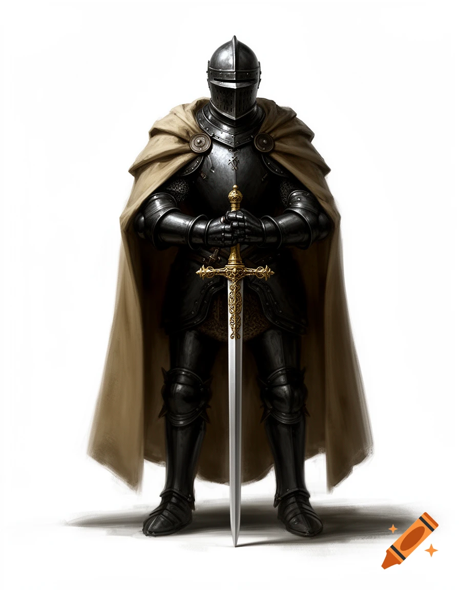 A detailed digital painting of a medieval knight in dark plate armor and a tan cloak, standing frontally while holding a longsword.