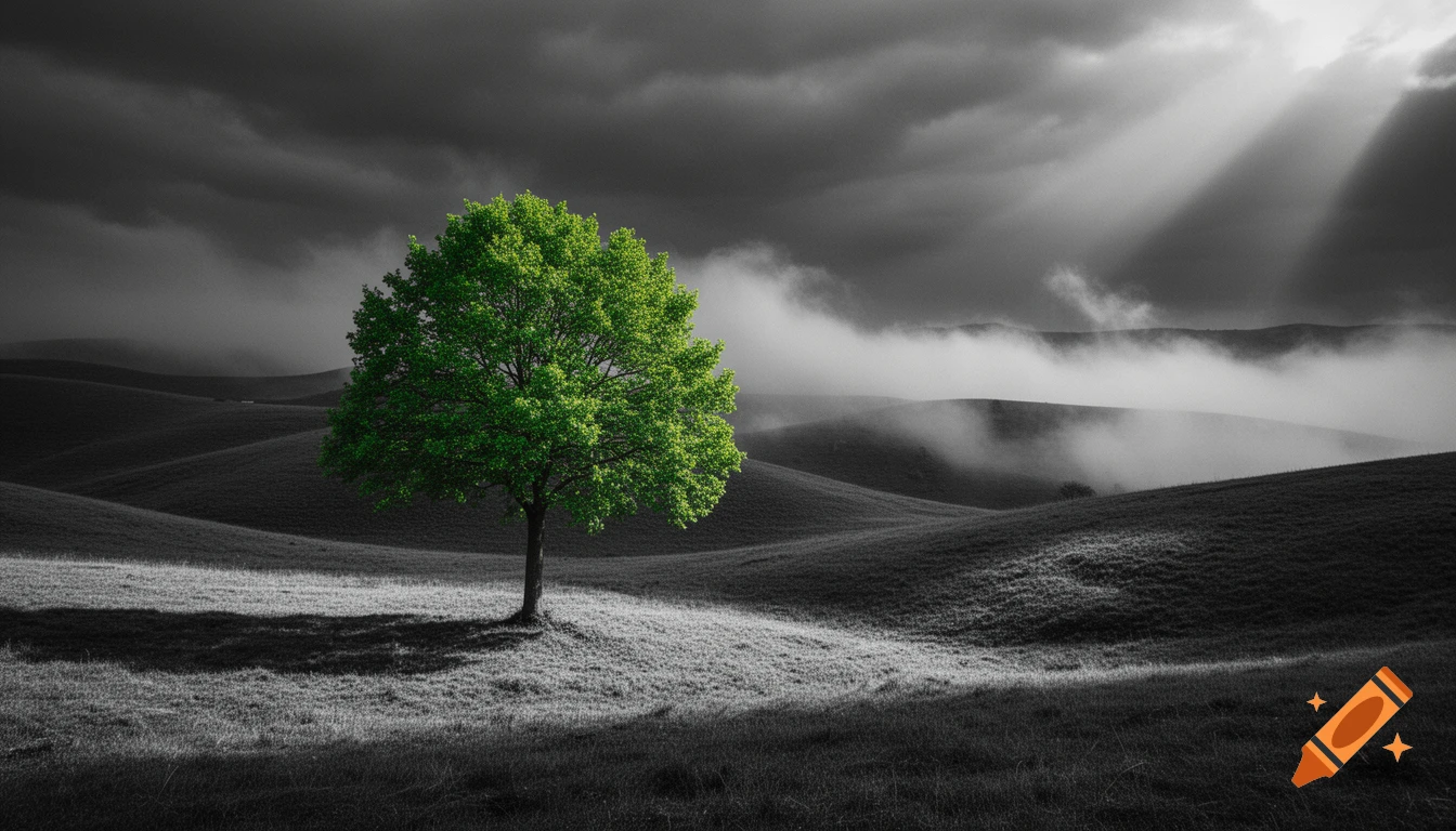 A vibrant green tree stands alone in a dramatic black-and-white landscape with rolling hills, fog, and sun rays piercing dark clouds.