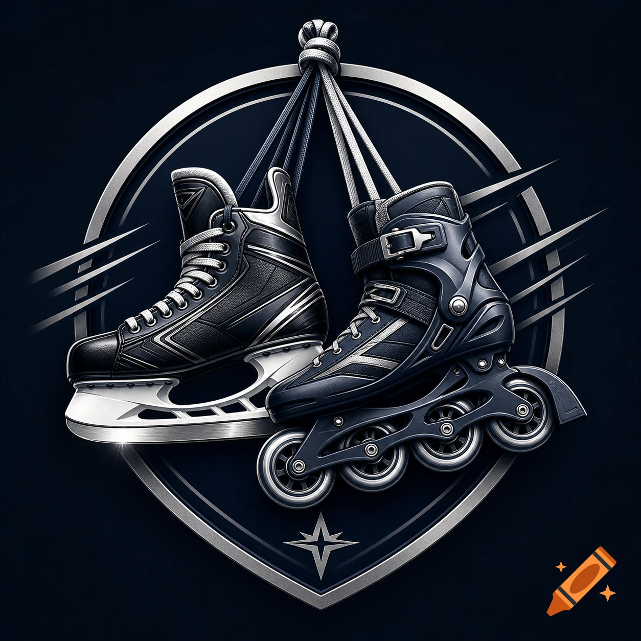 Illustrative logo of an ice hockey skate and an inline rollerblade hanging by laces over a metallic shield with a star.