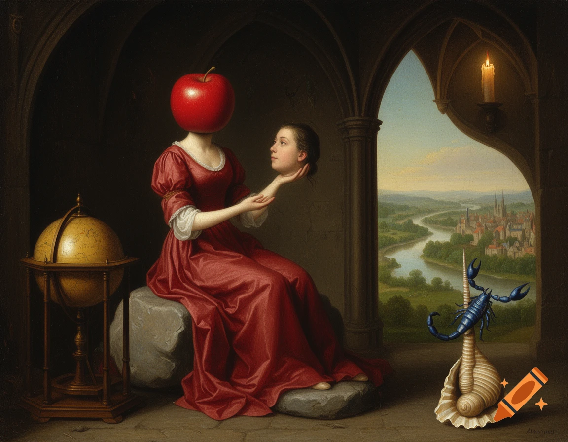 A woman in a red dress with an apple for a head sits in an archway, holding her severed head, in a classical painting style.