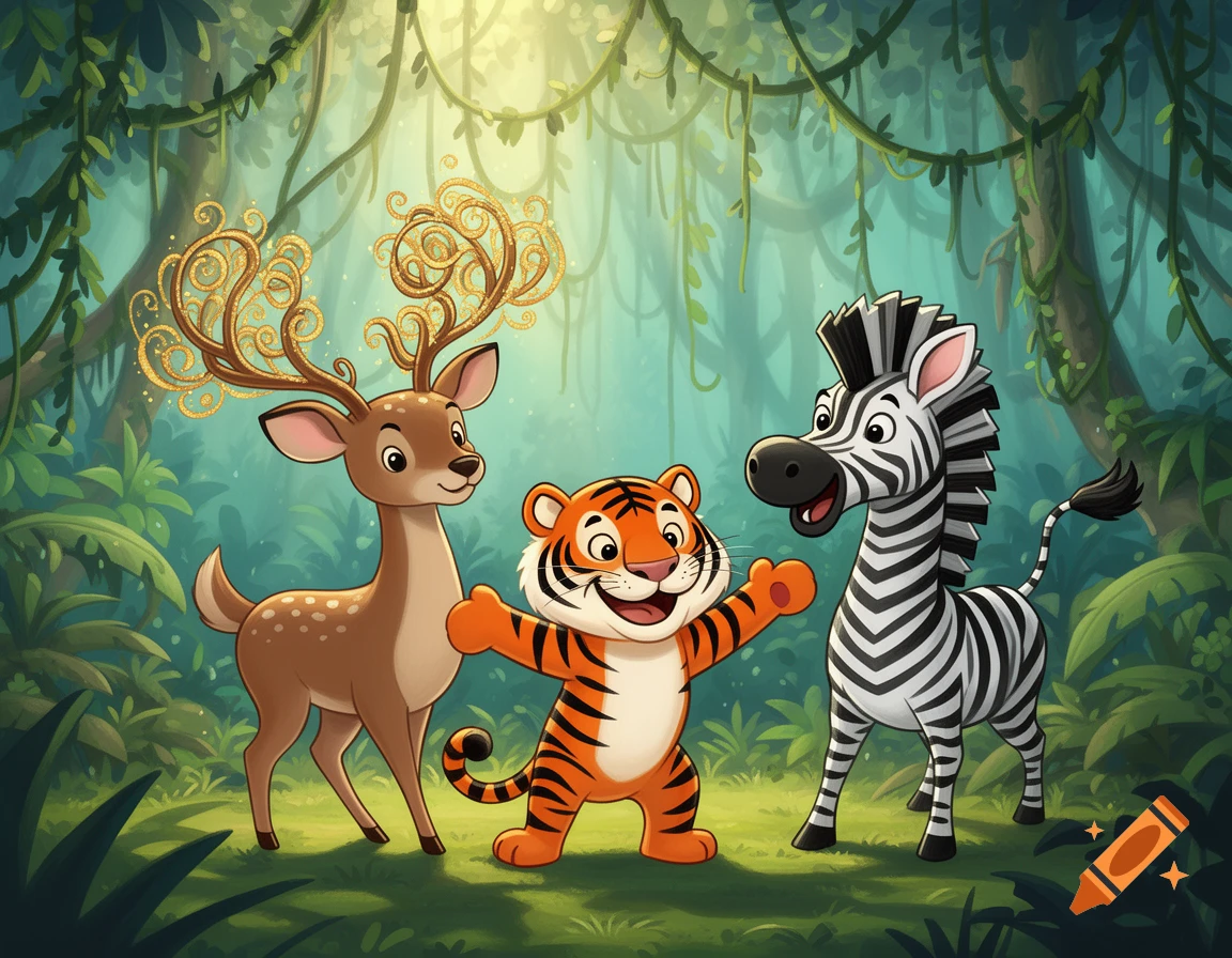 A colorful cartoon image of a smiling deer with ornate golden antlers, a tiger, and a zebra standing in a lush jungle.