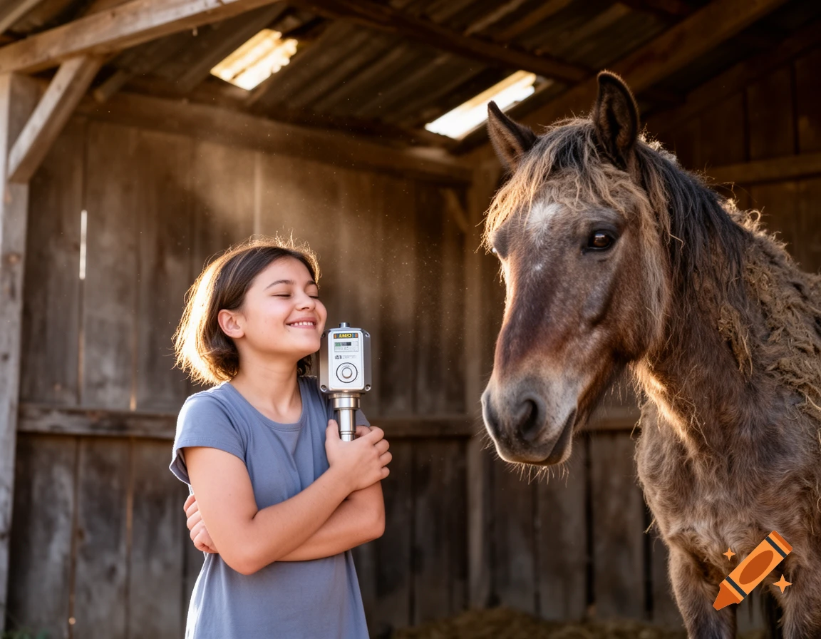 A smiling girl hugs a silver device in a sunlit barn, while a shaggy horse stands beside her.
