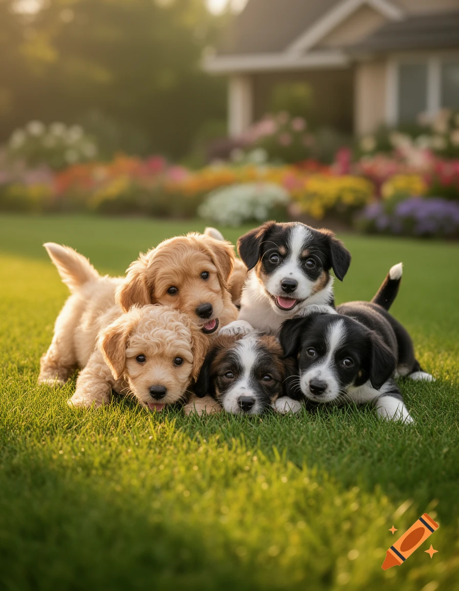 Five adorable golden and black-and-white puppies playfully piled together on vibrant green grass in a sunny garden.