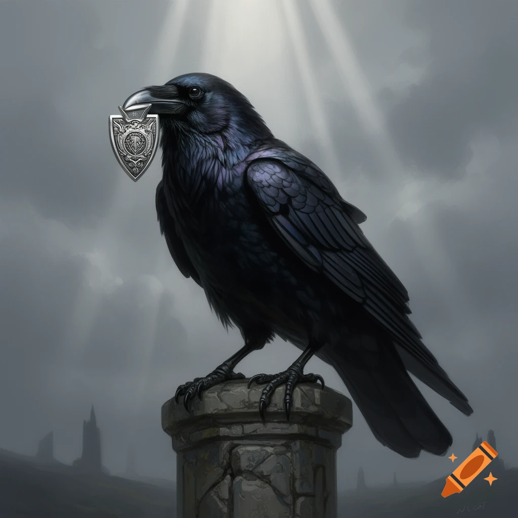 A majestic black raven perches on a stone pillar, holding a detailed silver heraldic shield in its beak, under a dramatic cloudy sky.