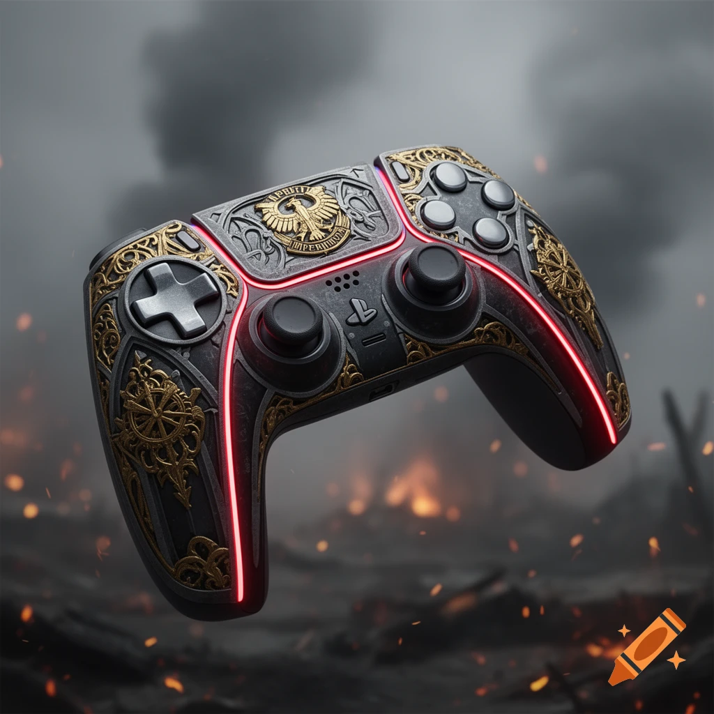 A detailed, custom Warhammer 40k themed PlayStation DualSense controller floats against a smoky, fiery battlefield.