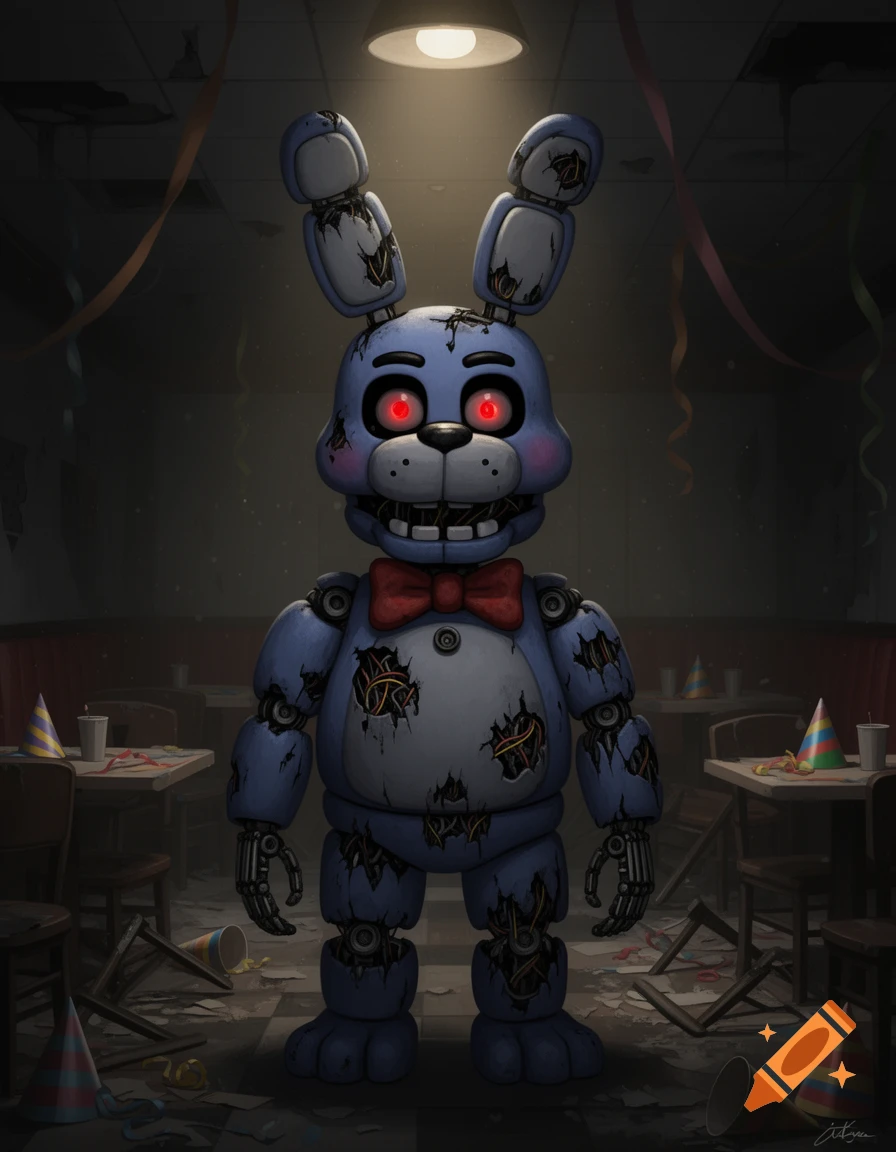 A damaged blue animatronic rabbit, Withered Bonnie, with glowing red eyes, stands in a dark, messy party room with overturned chairs.