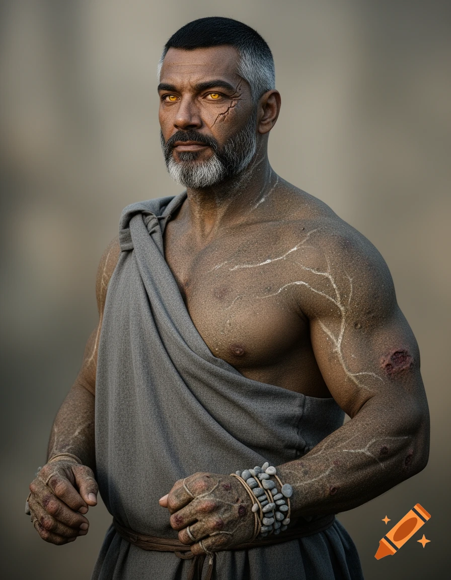 A powerfully built earth genasi man with dark olive, granular skin, pale mineral seams, a salt-and-pepper beard, and piercing golden eyes, wearing a gray monk's wrap.