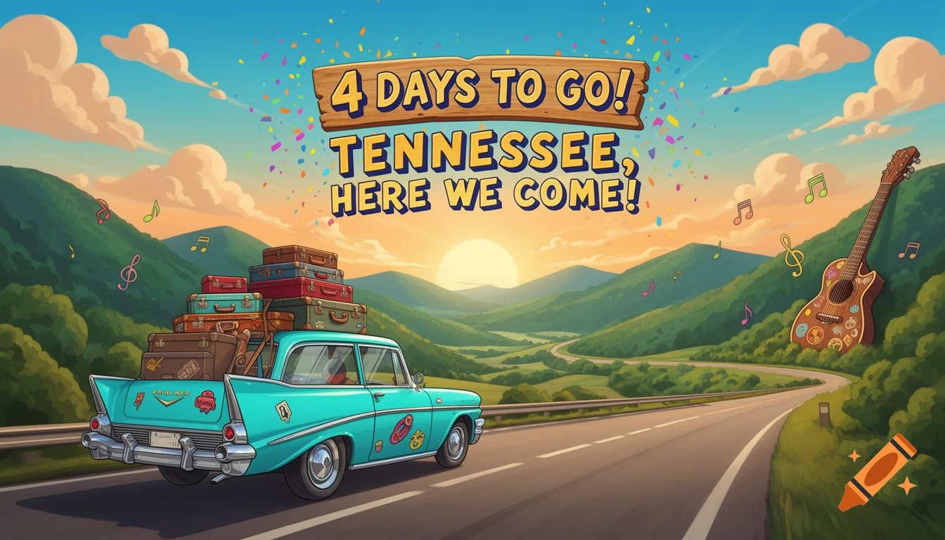 Vibrant cartoon travel poster: A teal classic car with luggage on a mountain road at sunset. Text: '4 DAYS TO GO! TENNESSEE, HERE WE COME!'