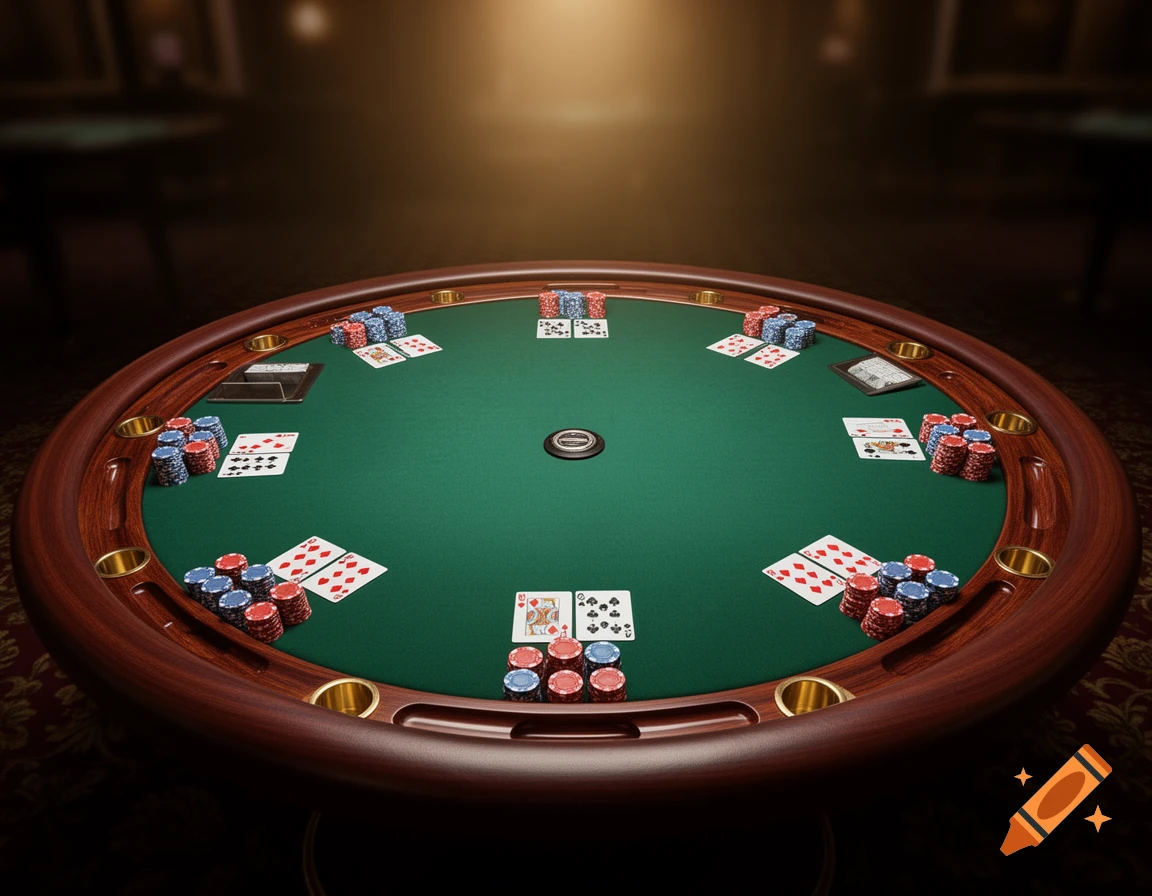A top-down view of a green felt poker table with playing cards and stacks of poker chips.