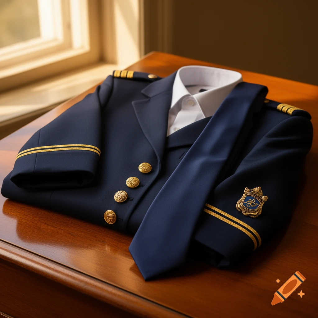 A dark blue uniform blazer with gold buttons and epaulets, a white shirt, and a dark blue tie are neatly folded on a polished wooden table.