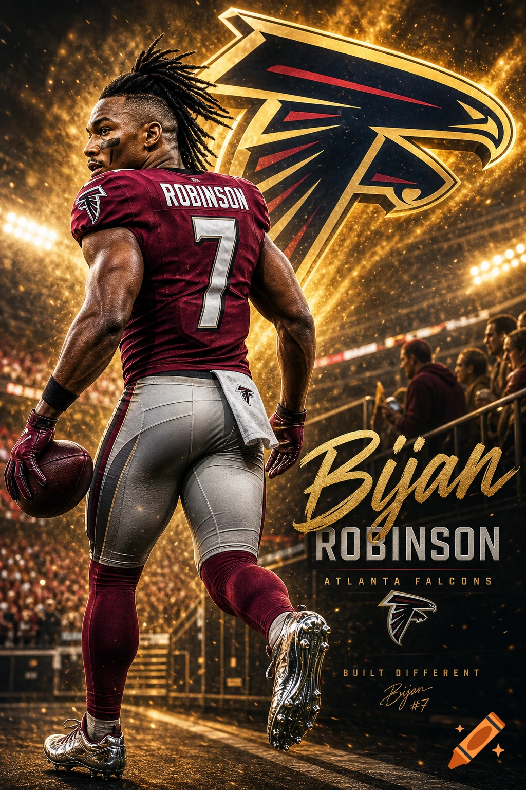 Football player Bijan Robinson in a maroon jersey with number 7, holding a football, in a stadium with a glowing Atlanta Falcons logo in a digital art style.
