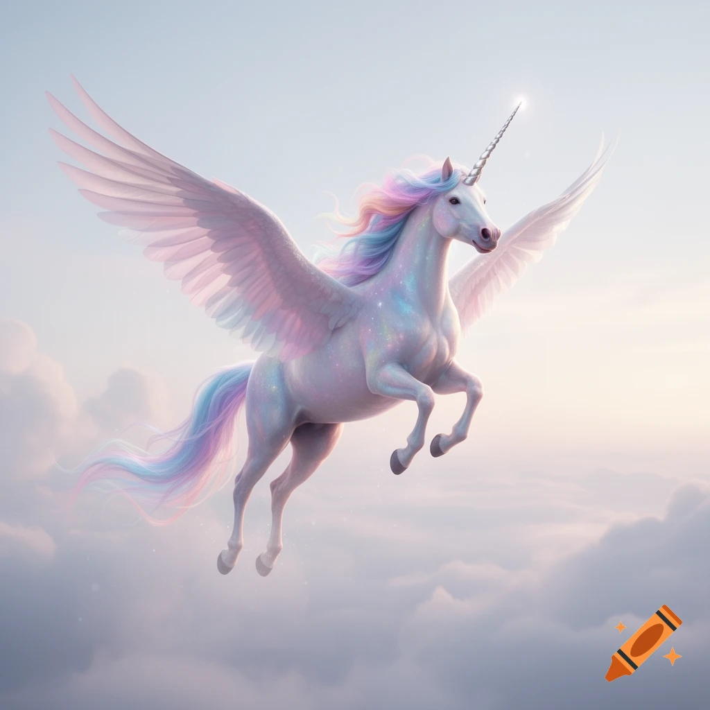 A majestic white alicorn with a sparkling body and a rainbow mane and tail flies gracefully in a dreamy sky filled with soft clouds.