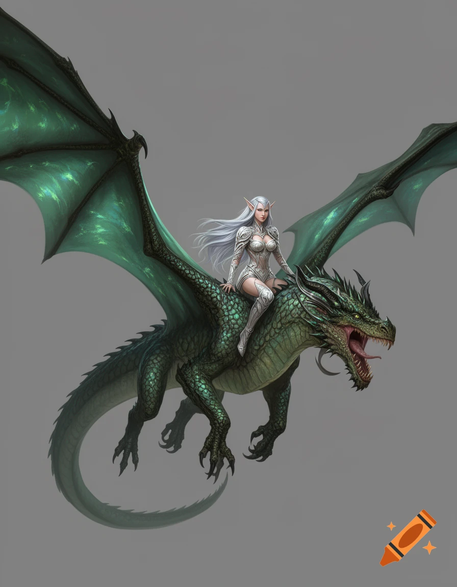 A female elf warrior with silver hair in detailed armor rides an emerald green dragon with spread wings against a plain gray background, in a high-detail digital art style.