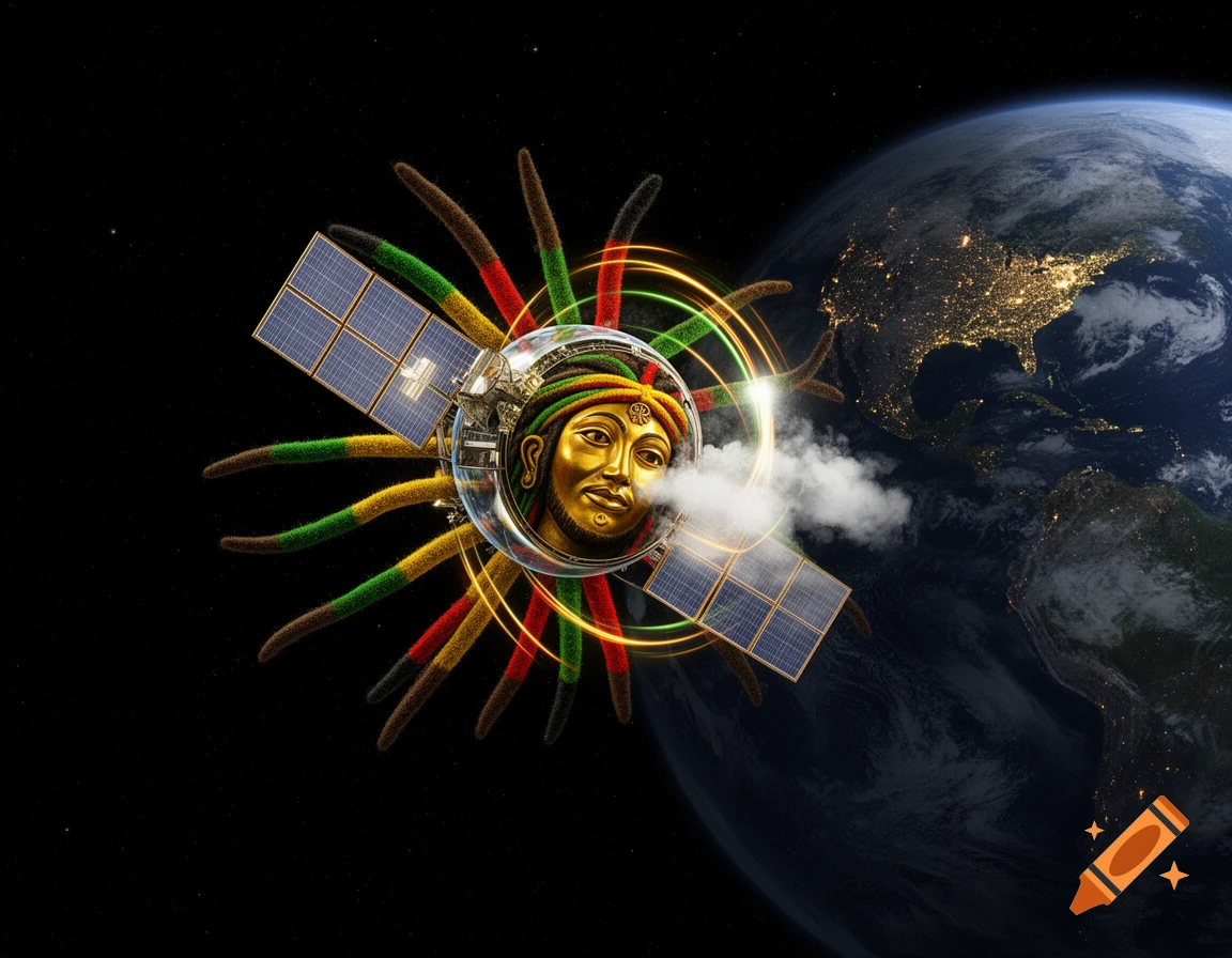 A gold-faced Rastafarian satellite with dreadlocks and solar panels orbits Earth, emitting smoke and light trails in space.
