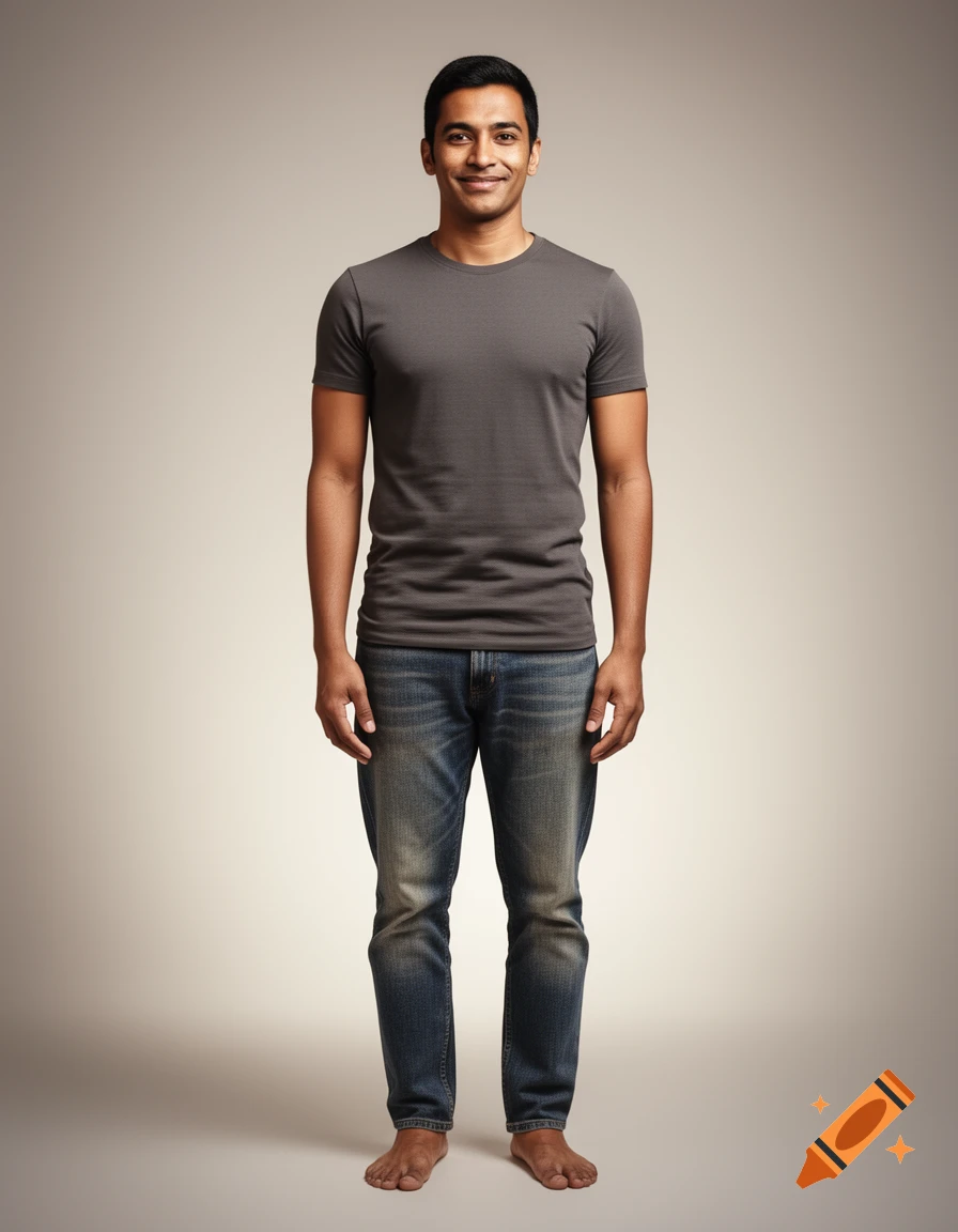 A full-body shot of a smiling man in a gray t-shirt and blue jeans, standing barefoot against a light background.