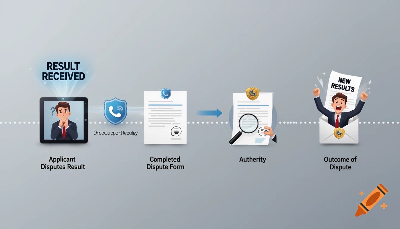An infographic showing a dispute resolution workflow from an applicant receiving a result to contacting a company, submitting a form, authority review, and finally receiving new results.