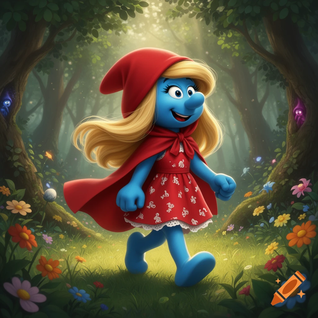 Smurfette as Little Red Riding Hood walks through a whimsical, lush forest filled with colorful flowers.