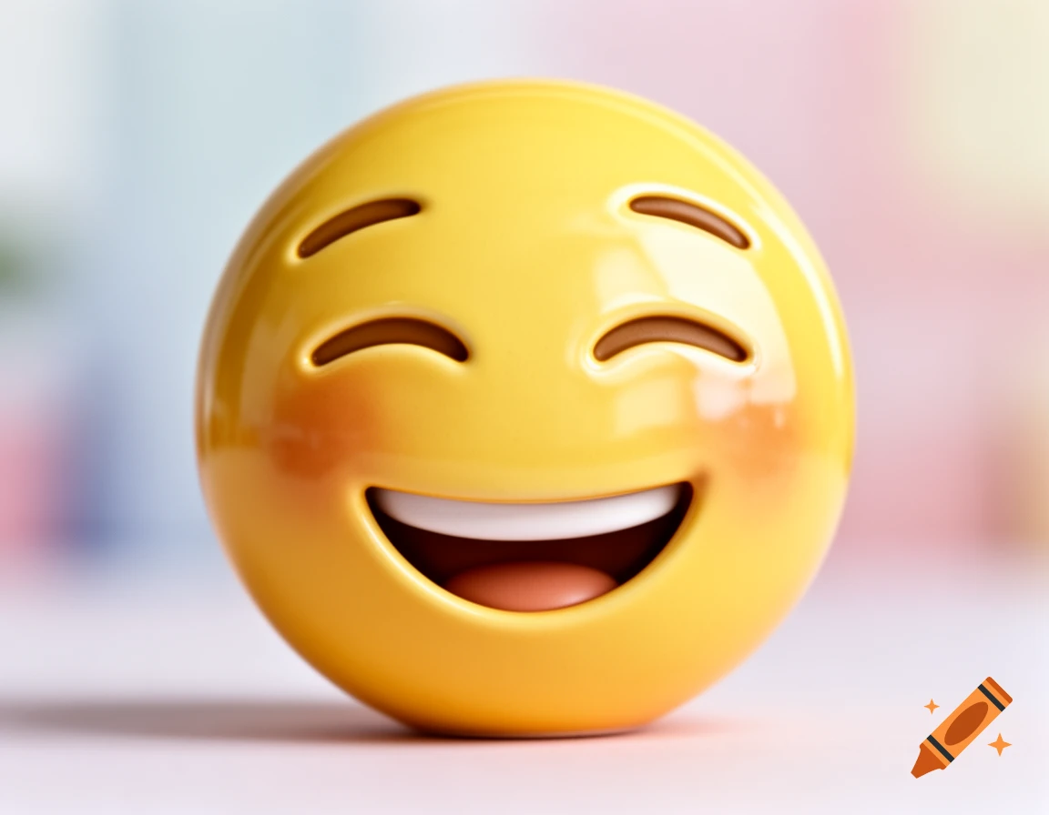 A shiny yellow 3D emoji with a broad smile, closed eyes, and rosy cheeks.
