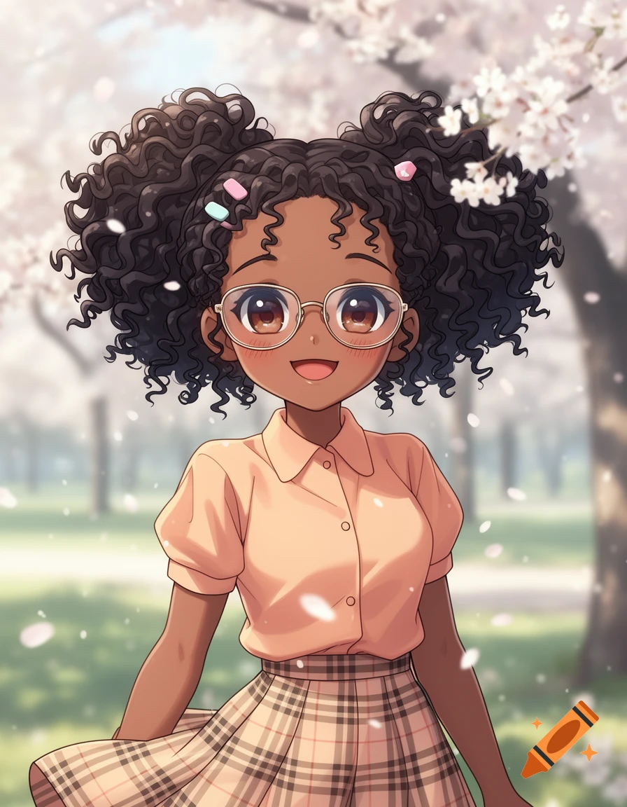 An anime illustration of an African American girl with curly hair and glasses, smiling in a park with falling cherry blossoms.