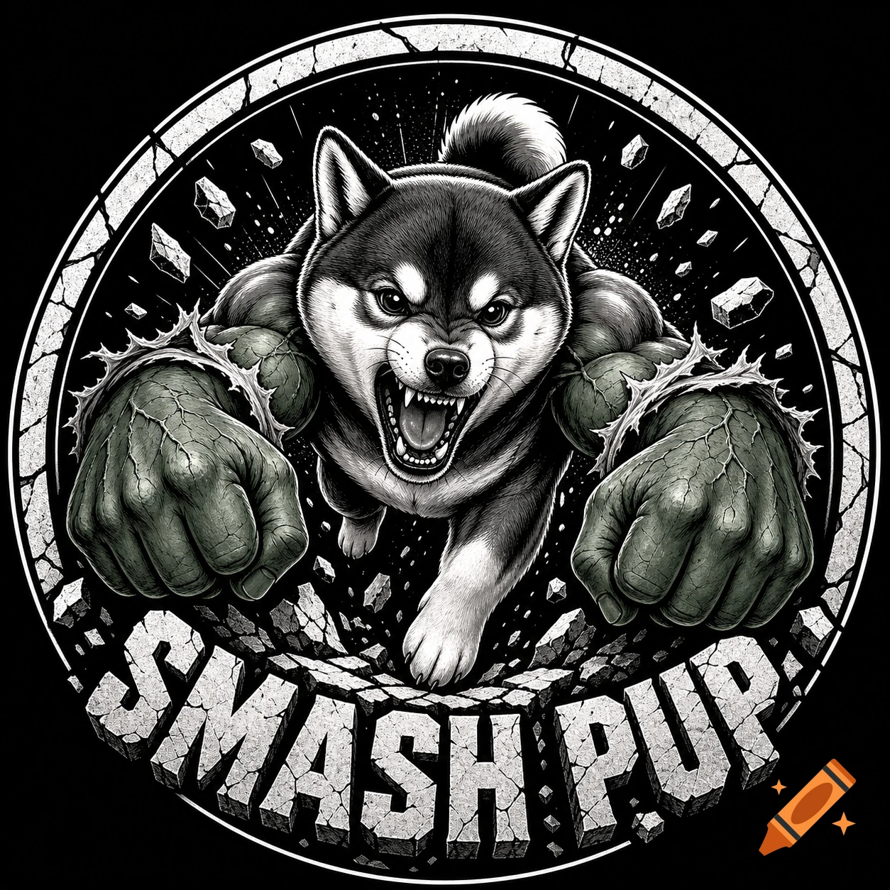 Vector-style circular logo of a fierce Shiba Inu puppy with green Hulk fists, breaking through cracked stone, with 'SMASH PUP' text.
