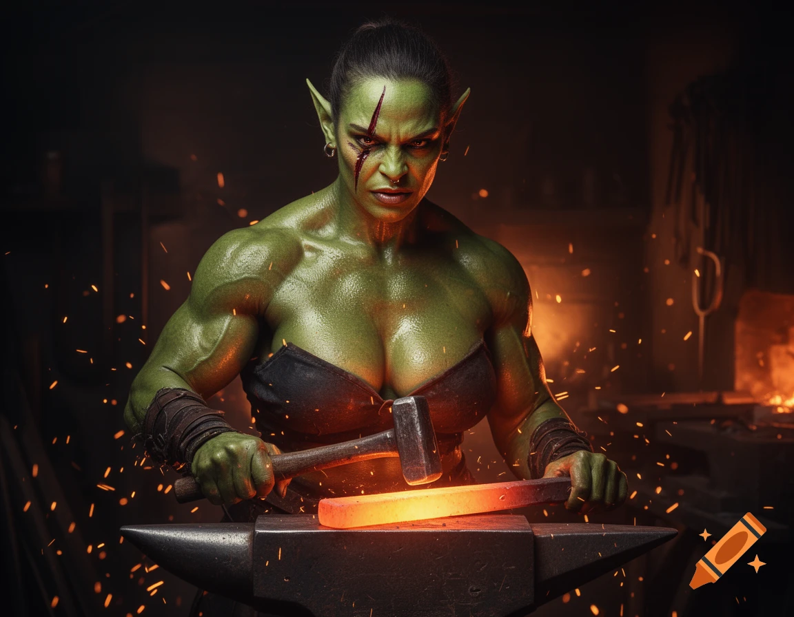 A muscular green-skinned half-orc woman blacksmith hammers glowing metal on an anvil in a dimly lit forge.