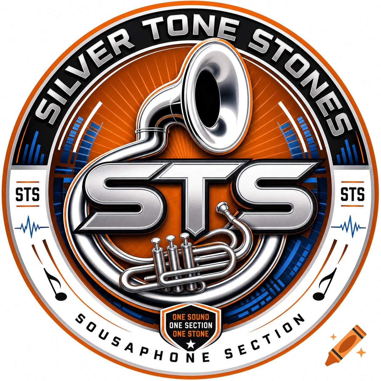 A circular logo for the Silver Tone Stones Sousaphone Section featuring a silver sousaphone, "STS", and text on an orange and blue background.
