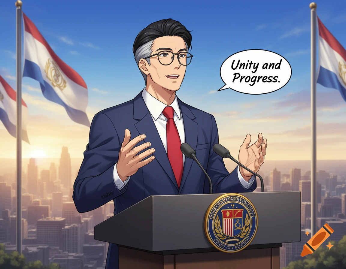 An anime-style man in a suit and glasses speaks at a podium with flags and a city skyline background, saying "Unity and Progress."
