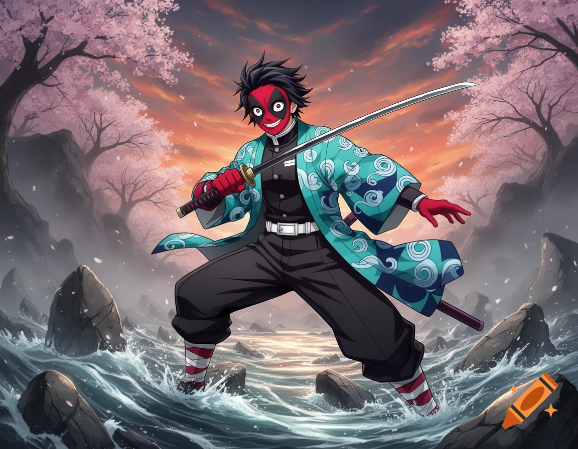 Anime character fusion of Deadpool and Giyu in a red mask and teal haori, wielding a katana amidst choppy water and cherry blossoms.