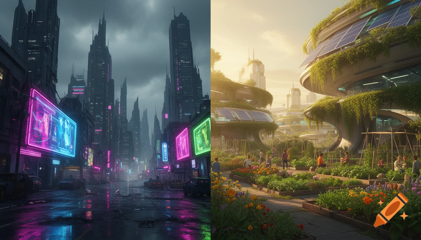 A split image showing a dark, neon-lit cyberpunk city on the left and a bright, green solarpunk city with community gardens on the right.