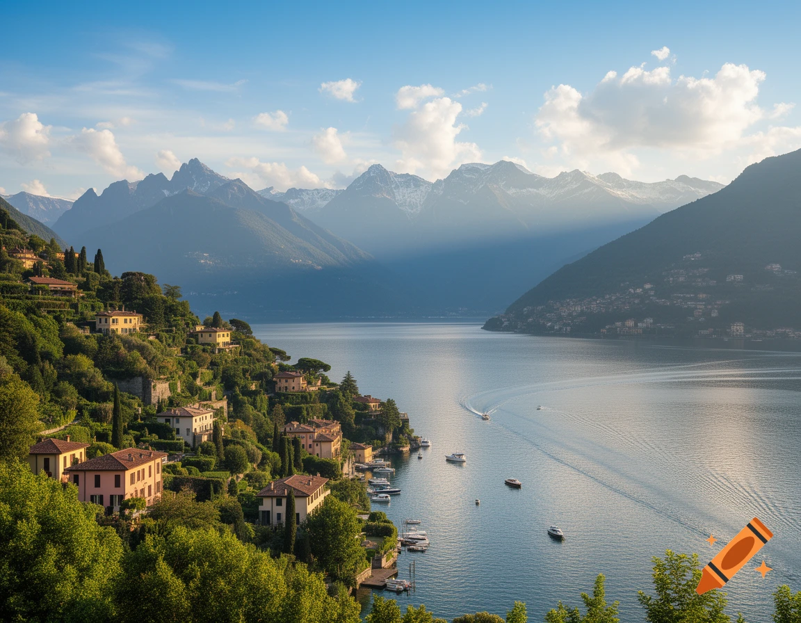A scenic view of Lake Como, Italy, with pastel-colored villas nestled on a green hillside overlooking the clear water and distant mountains.