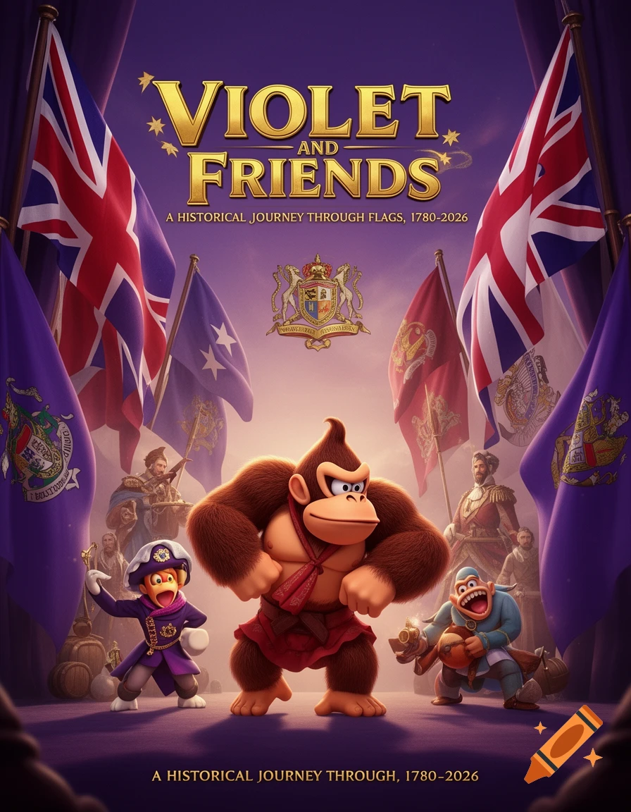 A vibrant poster featuring Donkey Kong and two other cartoon characters in historical attire, surrounded by various flags, including the Union Jack, under the title "VIOLET AND FRIENDS" and "A HISTORICAL JOURNEY THROUGH FLAGS, 1780-2026."