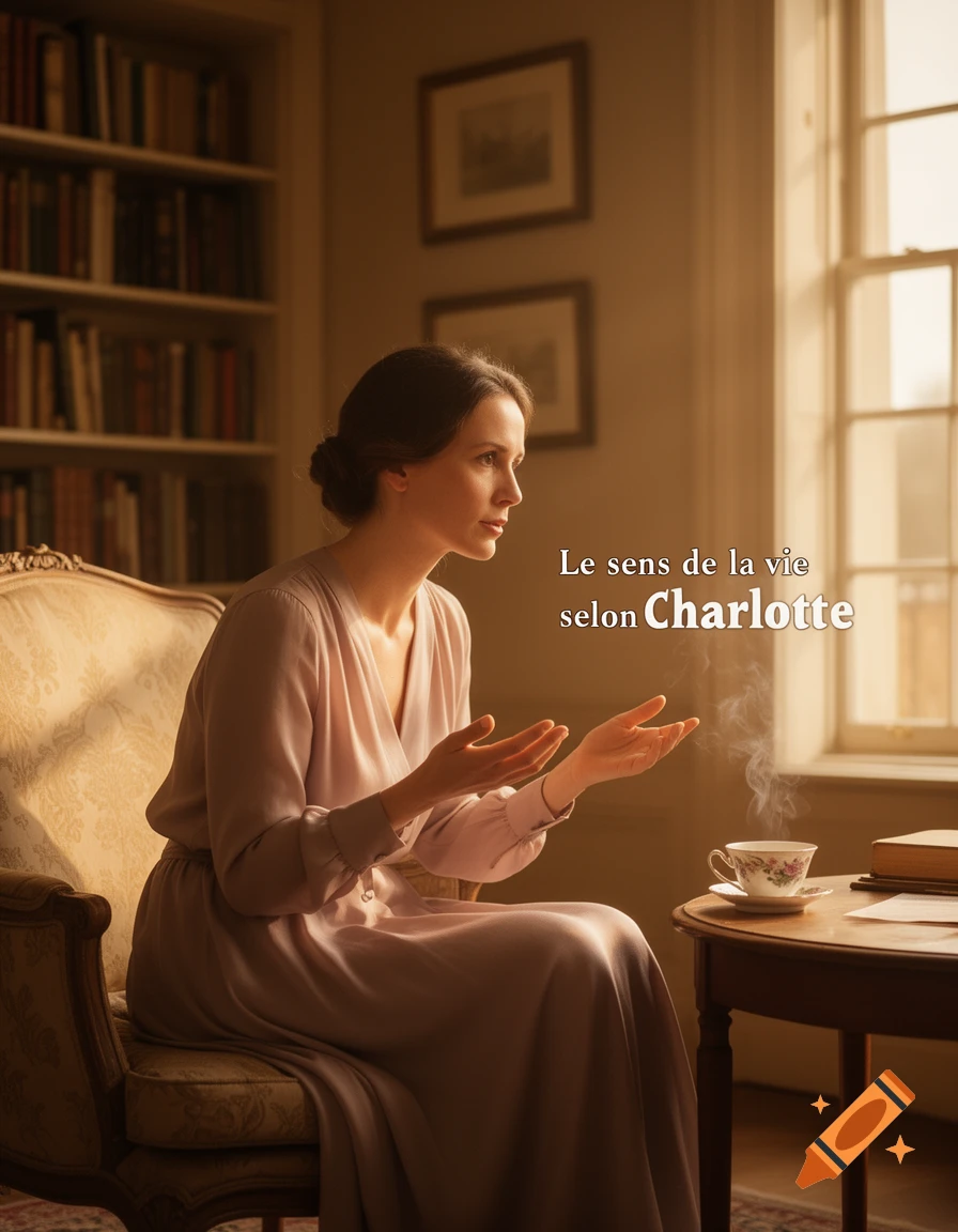 A woman in a pink dress sits on a vintage armchair in a cozy room with bookshelves, holding her hands up, with text "Le sens de la vie selon Charlotte".