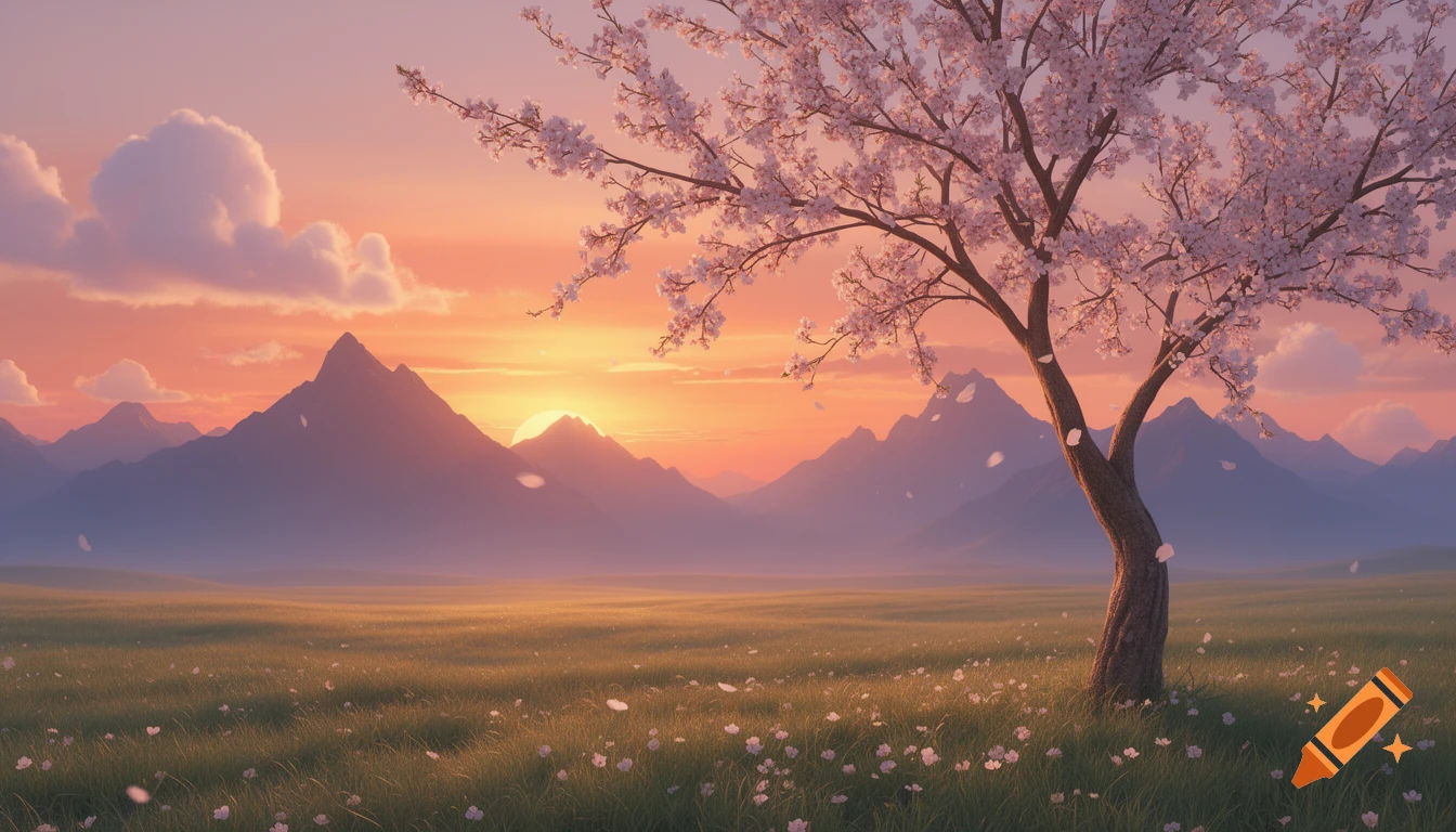 A serene landscape illustration of a cherry blossom tree in a grassy field with mountains at sunset, soft pink and orange sky.