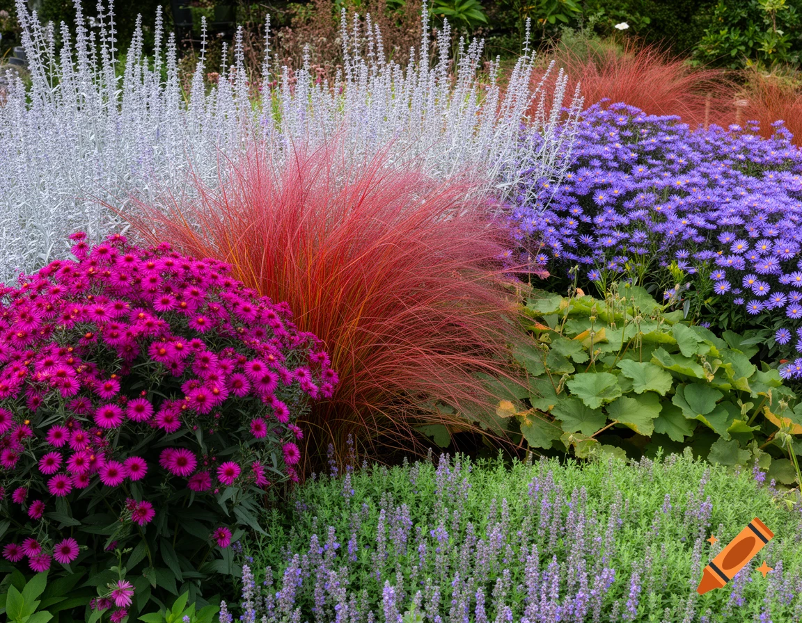 A vibrant garden bed showcasing various plants: bright pink aster flowers, tall red ornamental grass, white feathery plants, and purple aster flowers.