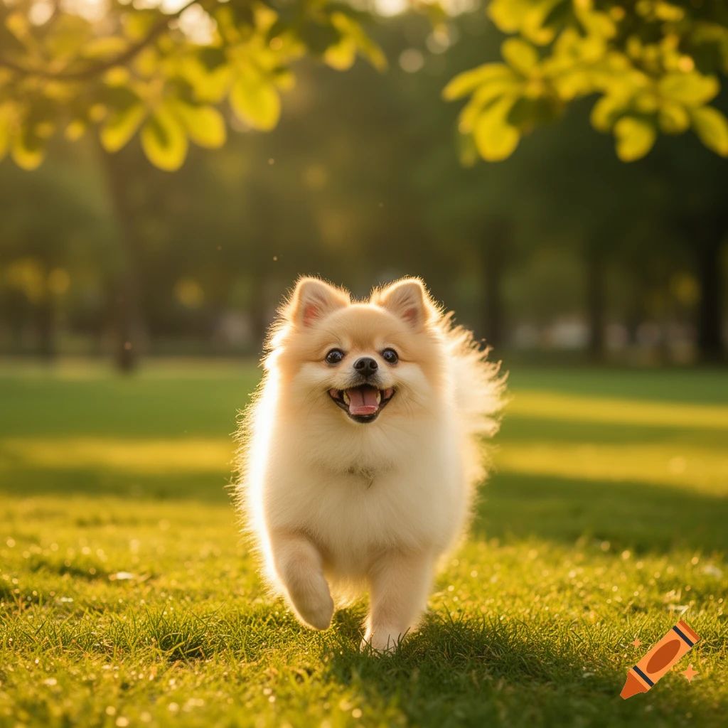 A fluffy Pomeranian dog happily runs through a sunlit green park with trees in the background.