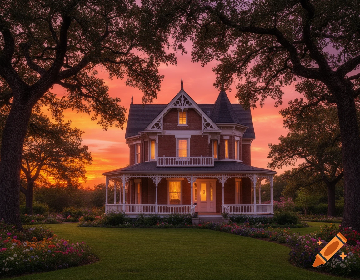 A grand Victorian house bathed in the warm glow of a vibrant sunset, framed by large trees and a colorful garden.