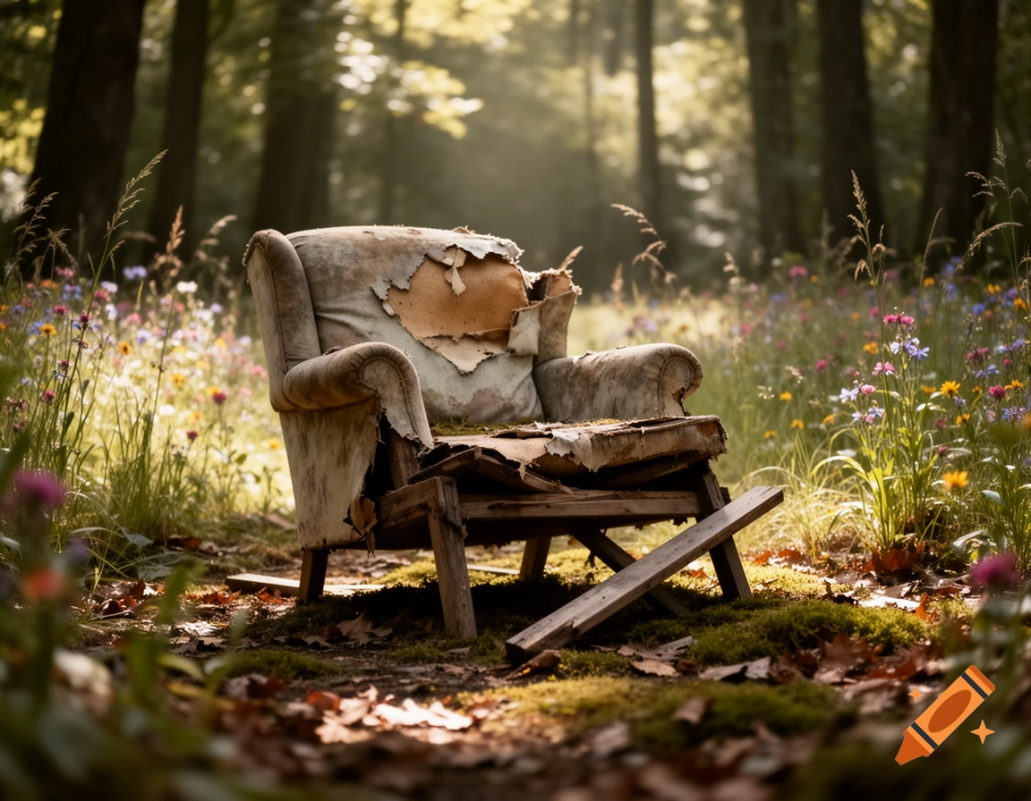A dilapidated armchair sits in a sunlit forest clearing, surrounded by wildflowers and fallen leaves. Photorealistic.