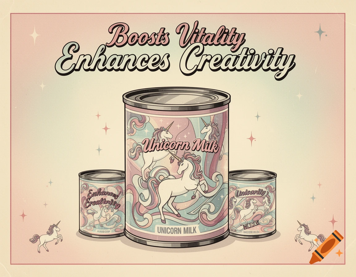 A retro 1950s style advertisement for Unicorn Milk, featuring three cans, unicorns, and text 'Boosts Vitality Enhances Creativity'.