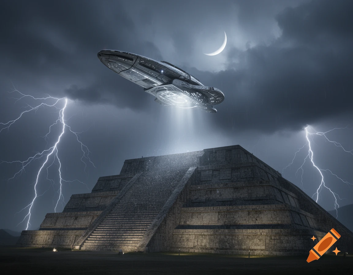 A sci-fi image of an alien spaceship beaming light onto a stone pyramid at night, with lightning, dark clouds, and a crescent moon.