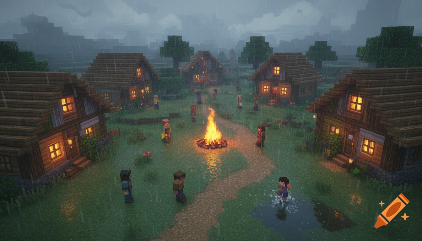 A peaceful Minecraft-style village in the rain with glowing houses, villagers, a central campfire, and a child playing.