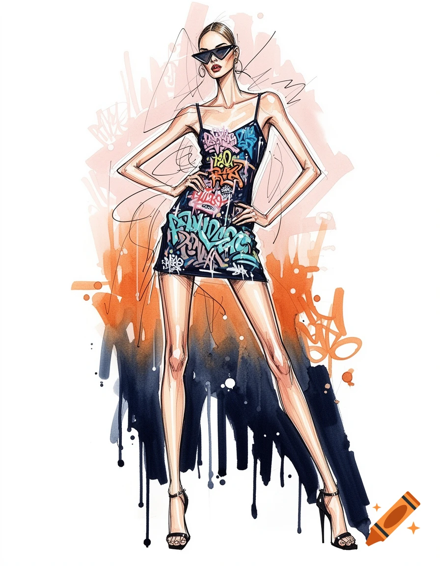 Fashion illustration of a tall, thin model in a black graffiti-patterned mini-dress, black sunglasses, and high heels, with a vibrant watercolor background.