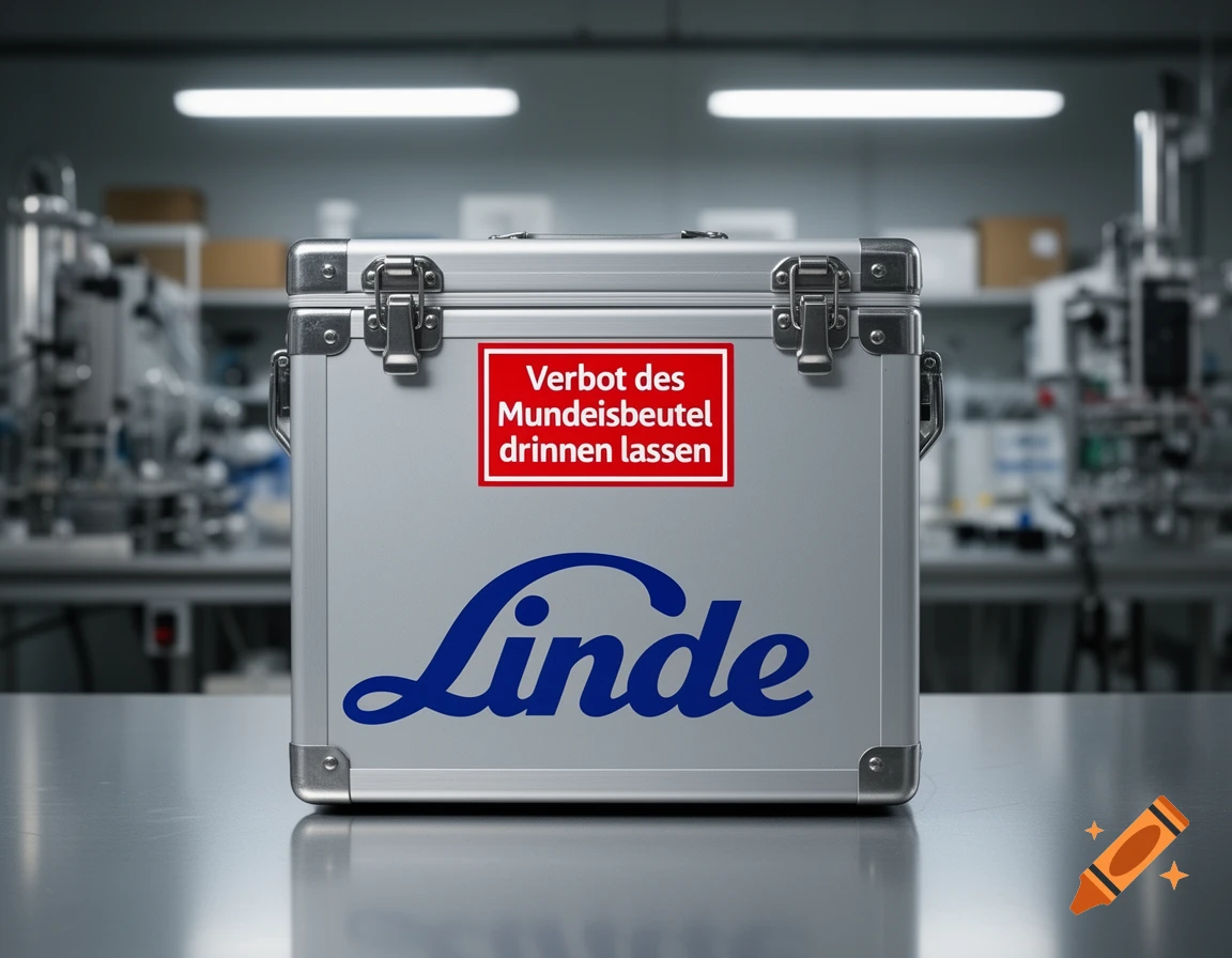 A silver Linde dry ice box with a red warning label sits on a reflective surface in a laboratory.