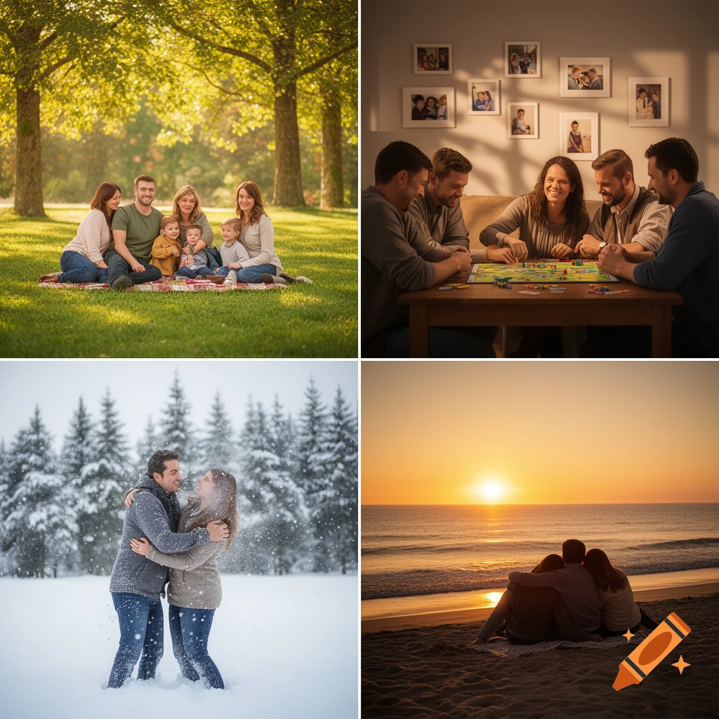 Four photorealistic images showing a family picnic in a park, friends playing a board game, a couple embracing in snow, and a couple watching a beach sunset.