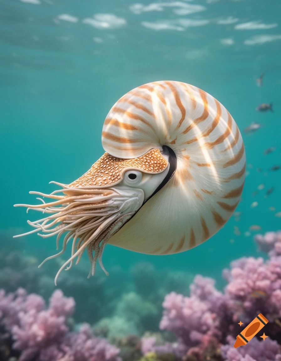 A photorealistic nautilus swims gracefully amidst coral reefs in clear blue underwater.