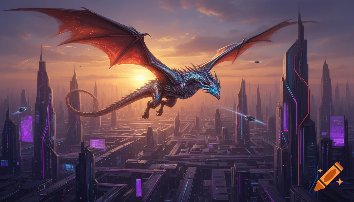 A metallic dragon with glowing eyes and red wings soars over a futuristic city with neon lights at sunset, digital art.