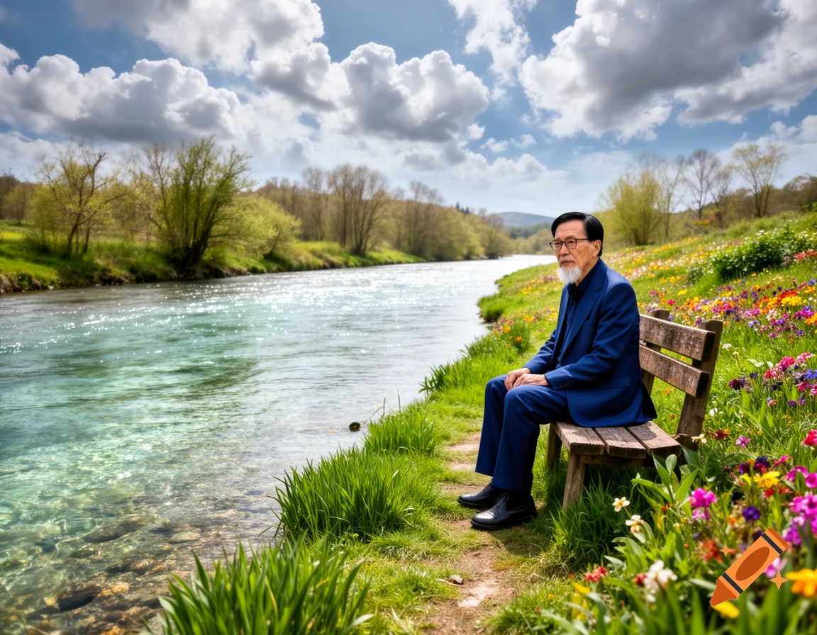 An elderly man in a blue suit sits on a wooden bench by a clear river, surrounded by lush green grass and vibrant wildflowers under a blue sky with fluffy white clouds.